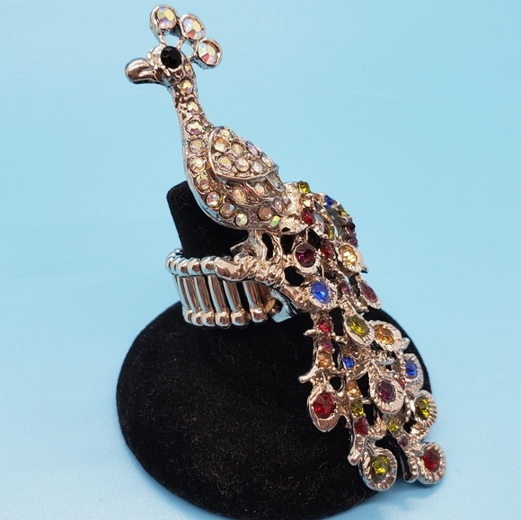 Boutique Jewelry - Peacock multicolor rhinestone encusted silvertone stretchy cocktail ring